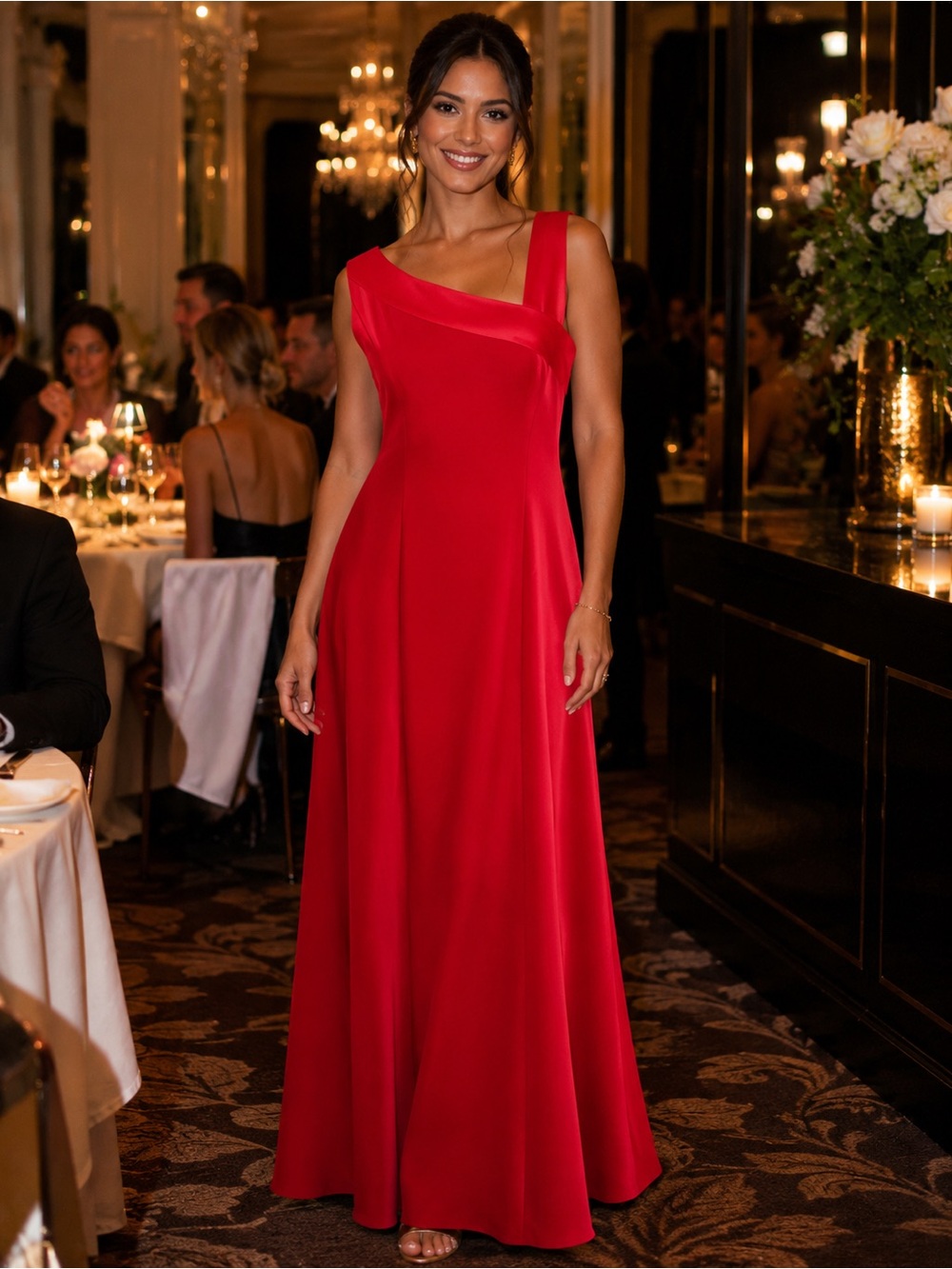 Ursula of Switzerland Scarlet One-Shoulder Satin Maxi Dress